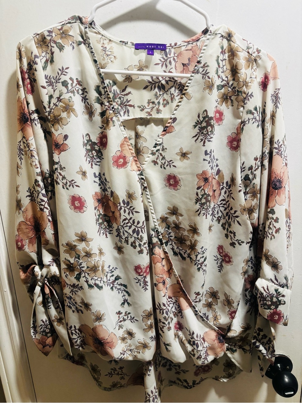 Kensie Floral Wrap Blouse in Cream with Pink & Tan Blooms
